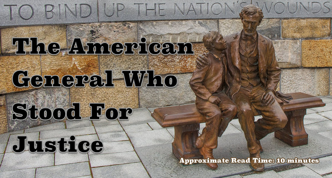 Lincoln sitting with a child with the tagline: The American General Who Stood for Justice.