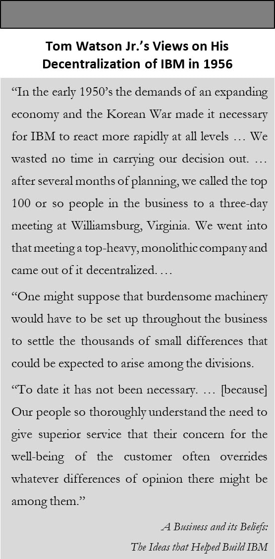 Sidebar with Tom Watson Jr.'s Views on his decentralization of IBM in 1956.
