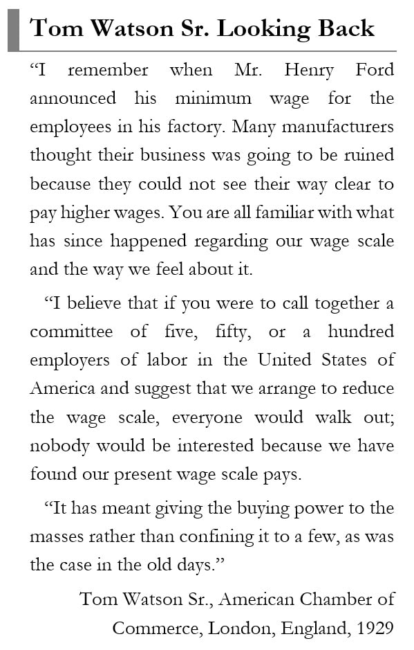 Sidebar provided with Tom Watson Sr.'s perspective on Henry Ford's minimum wage increases at Ford Motor Company.