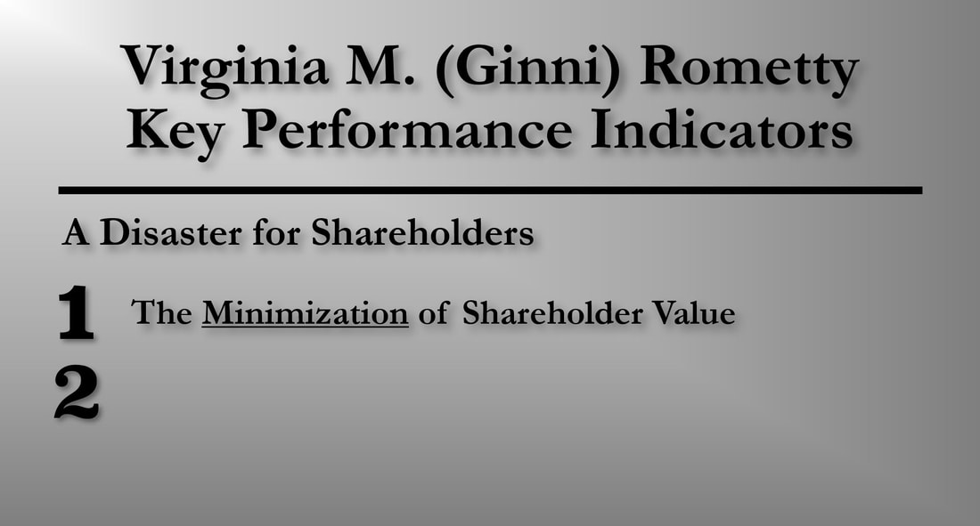 Slide showing Virginia M. (Ginni) Rometty's first key performance (KPI) metric: Maximizing / Minimizing Shareholder Value.