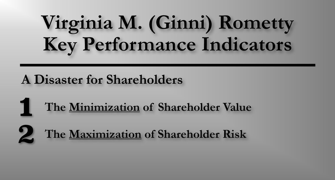Slide showing Virginia M. (Ginni) Rometty's second key performance (KPI) metric: Minimizing / Maximizing Shareholder Risk.