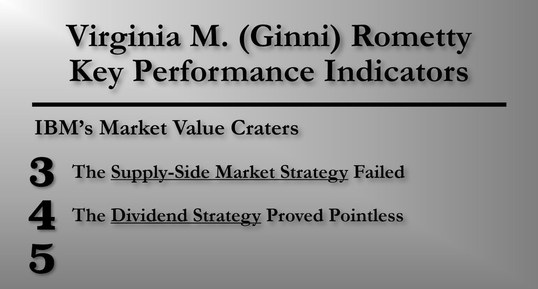 Slide showing Virginia M. (Ginni) Rometty's fourth key performance (KPI) metric: The Failure of a Dividend Strategy.