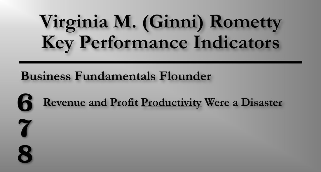 A slide with a Ginni Rometty Key Performance Indicator (KPI) #6: Revenue and Profit Productivity Were a Disaster.
