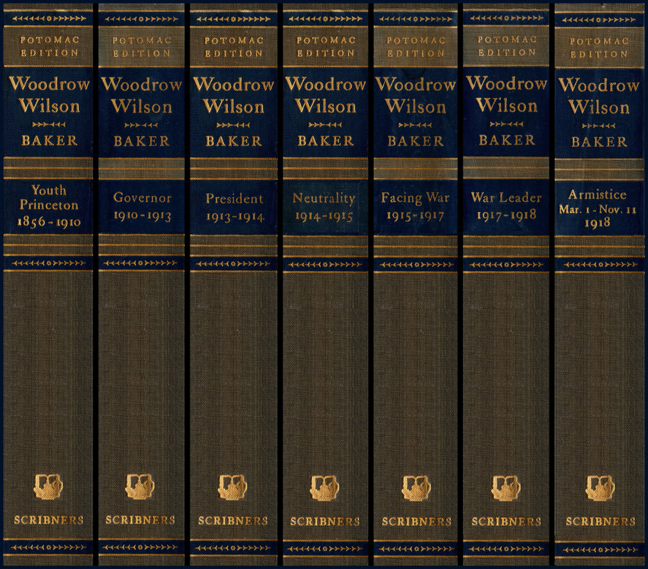 A high-quality image of a seven-volume set of Ray Stannard Baker’s “Woodrow Wilson: Life and Letters.”